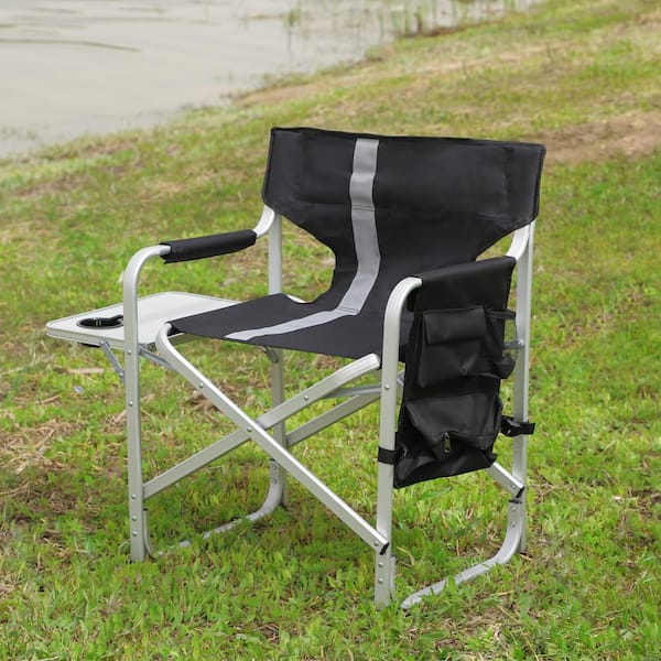 wayofatry 1-Piece Padded Folding Metal Outdoor Chair with Side Table and Storage Pockets for Outdoor Camping in Black