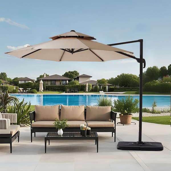 Double Top 11 ft. Aluminum Cantilever umbrella with Cover, 360° Rotation Patio Umbrella in Beige