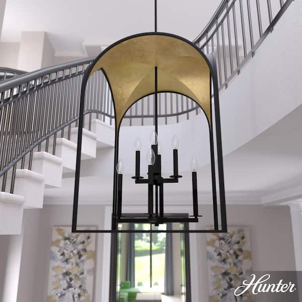 Hunter Dukestown 8-Light Natural Iron Lantern Pendant Light with Gold Detail