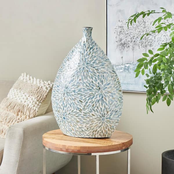 Litton Lane Blue Handmade Large Mosaic Mother of Pearl Shell Floral Decorative Vase with Cream Underlay