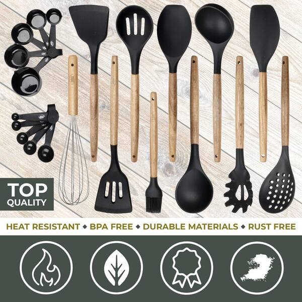 MegaChef Black Silicone and Wood Cooking Utensils (Set of 12) 985114360M -  The Home Depot