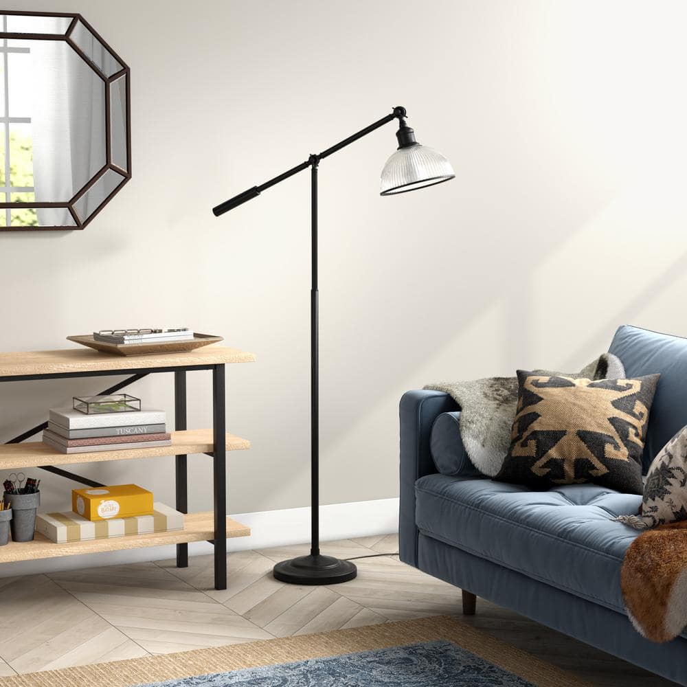 Frenkel Modern Farmhouse 58" Black Metal Floor Lamp with Ribbed Glass Shade