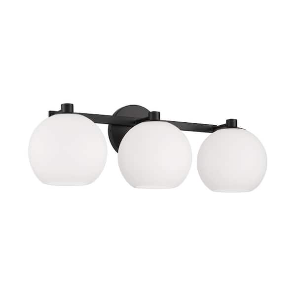 HOMEPLACE LIGHTING 22.75 in. W x 8 in. H 3-Light Circular Globe Vanity Light in Matte Black with Soft White Glass