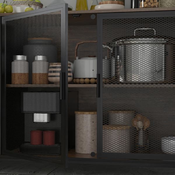 Kitchen Brown Wood Cabinets With Metal Mesh Doors, 3-Drawers, 6 Shelves (59 in. W x 15.7 in. D x 68.5 in. H)