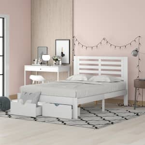 White Wood Frame Full Size Platform Bed with 2-Drawers and Horizontal Strip Hollow Shape Headboard