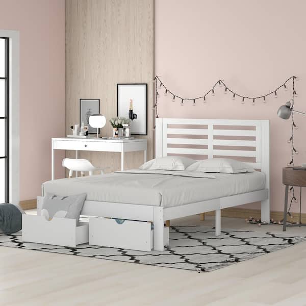 Harper & Bright Designs White Wood Frame Full Size Platform Bed with 2-Drawers and Horizontal Strip Hollow Shape Headboard