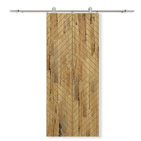 CALHOME 30 in. x 96 in. Weather Oak Stained Pine Wood Modern Interior Sliding Barn Door with Hardware Kit