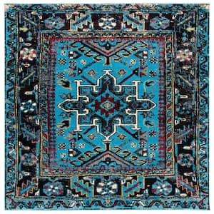 Vintage Hamadan Light Blue/Black Doormat 3 ft. x 3 ft. Floral Border Square Area Rug