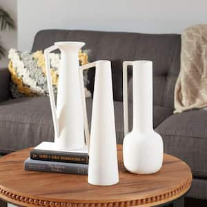 17 in., 16 in., 16 in. White Ceramic Decorative Vase with Handles (Set of 3)