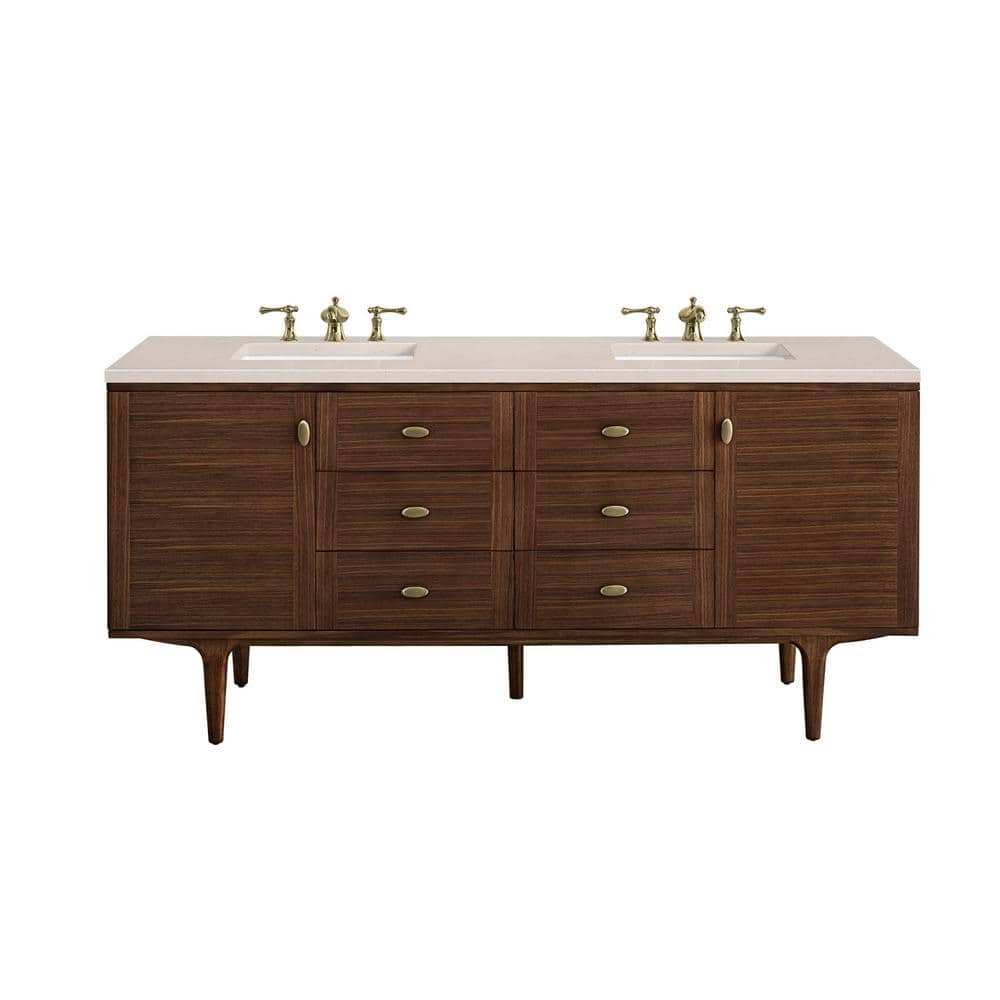 Amberly 72.0 in. W x 23.5 in. D x 34.7 in. H Bathroom Vanity in Mid-Century Walnut with Eternal Marfil Quartz Top -  James Martin Vanities, 670V72WLT3EMR