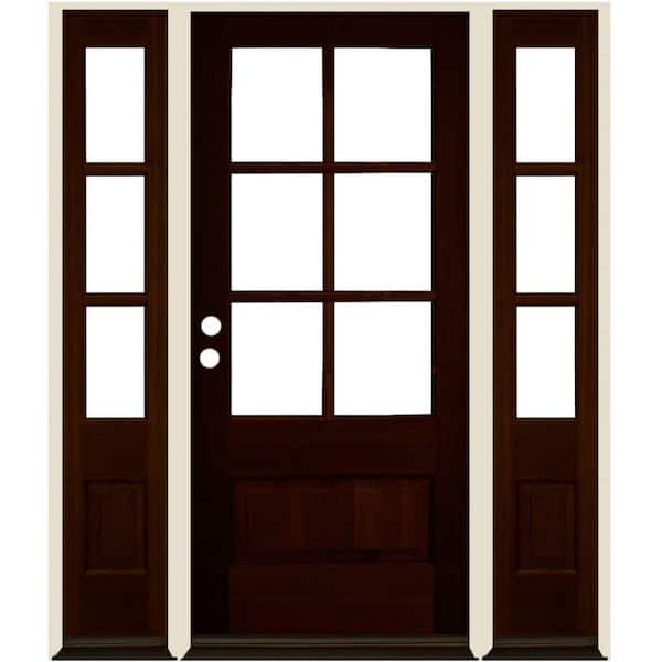 Krosswood Doors 64 in. x 80 in. Farmhouse 3/4 Lite Clear Glass Right-Hand/Inswing Red Mahogany Stain Hemlock Prehung Front Door w/DSL