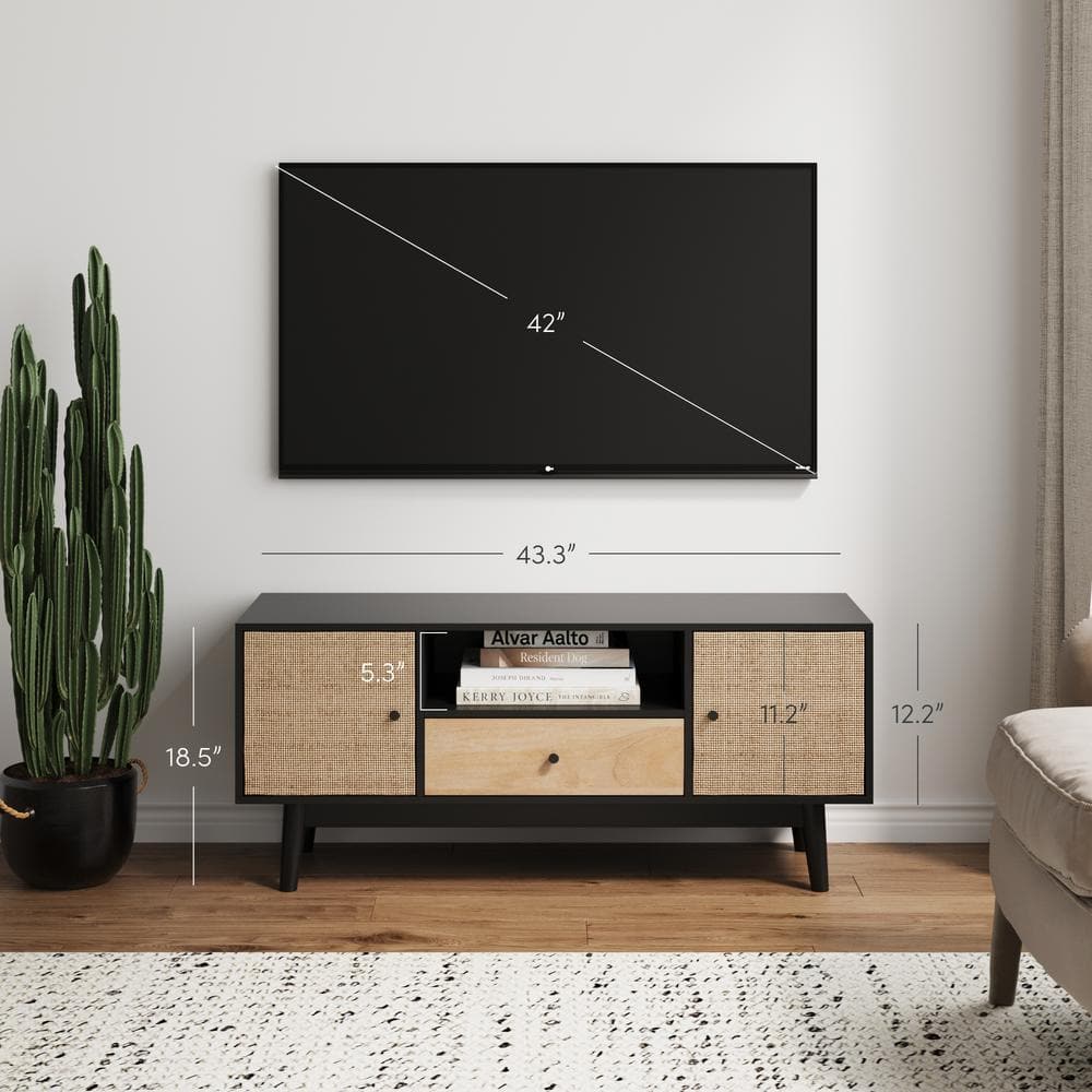48'' Matte Black Bohemian Media Console with Rattan Accents
