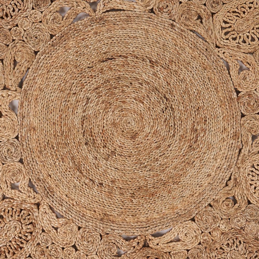 Handmade Natural Jute Round Braided Floral Area Rug