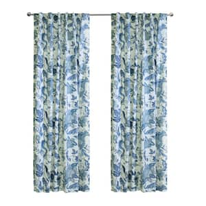 Jacobean Garden Blue Cotton 52 in. W x 54 in. L Dual Header Indoor Light Filtering Curtain (Single Panel)