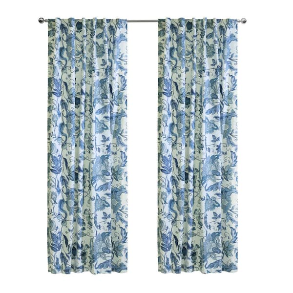 Habitat Jacobean Garden Blue Cotton 52 in. W x 63 in. L Dual Header Indoor Light Filtering Curtain (Single Panel)