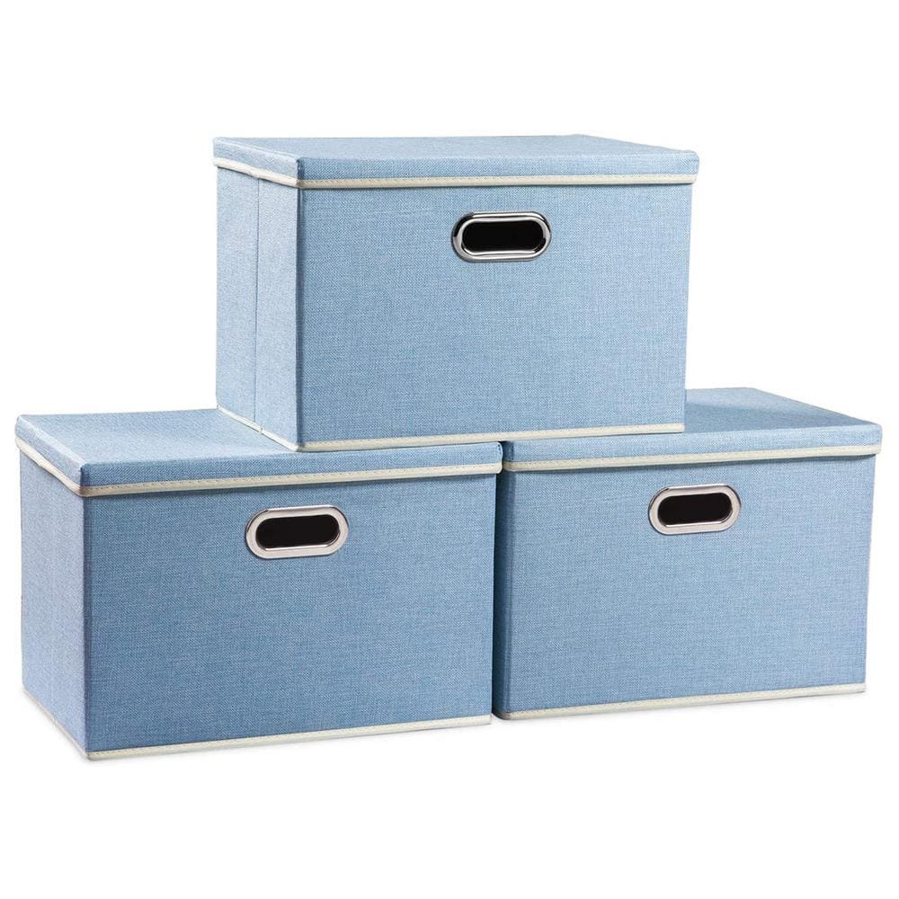 35 qt. Fabric Collapsible Storage Bin with Lid in Blue (3-Pack)