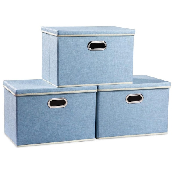 Unbranded 35 qt. Fabric Collapsible Storage Bin with Lid in Blue (3-Pack)