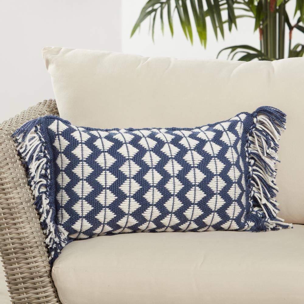 Dark Blue and Ivory Rectangular Polyester Tassel Throw Pillow