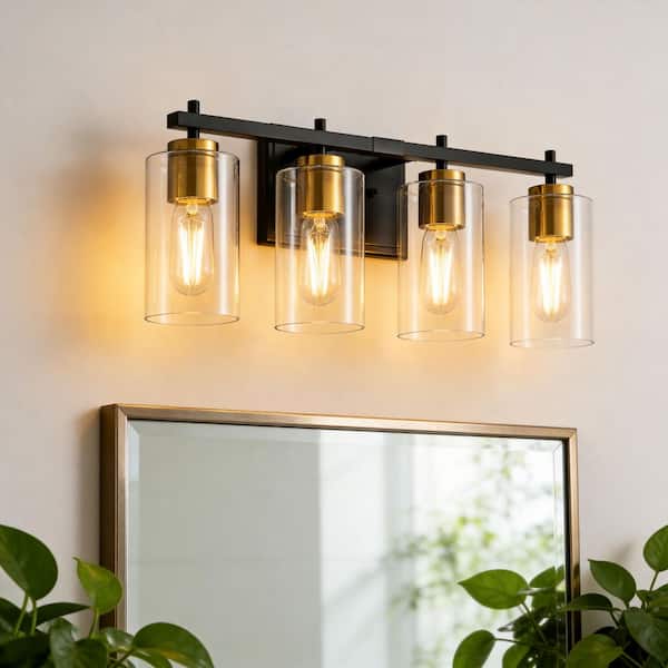 24 in. 4-Light Black and Gold Vanity Light with Clear Glass Shades for Bathrooms