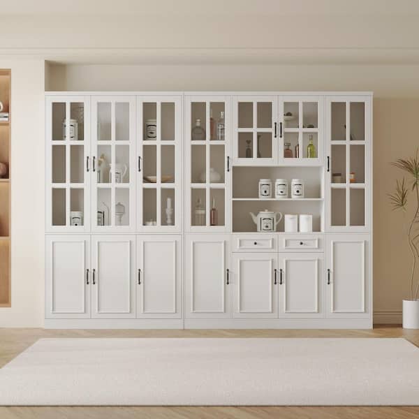 110.2 in. Width Luxurious Wide White Wooden 25-Shelves Accent Bookcase with Tempered Glass Door and 2-Drawers