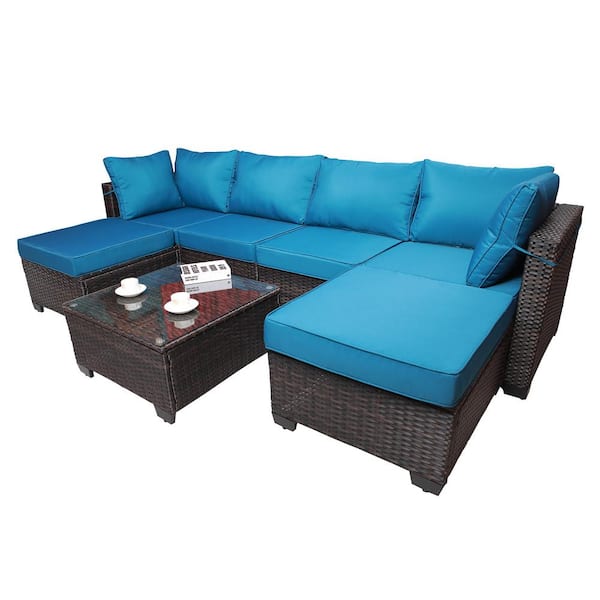 grossag 7-Piece Brown Wicker Outdoor Sectional Conversation Sofa Set with Blue Removable Cushions and Coffee Table