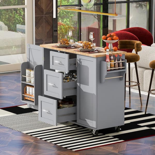 Unbranded Gray Blue Wood Kitchen Cart with 3-Drawer, 2-Slide-Out Shelf, Internal Storage Rack, Spice Rack, Wheels