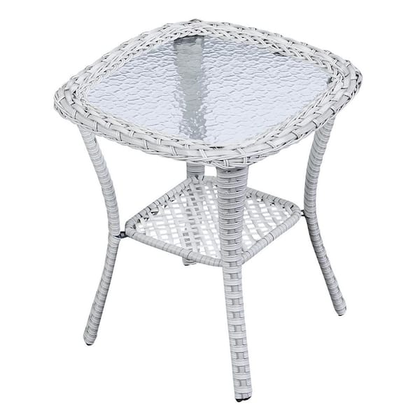Arcline Light Beige Square Wicker Outdoor Side Table with Tempered Glass Top Porch PE Rattan End Table for Garden
