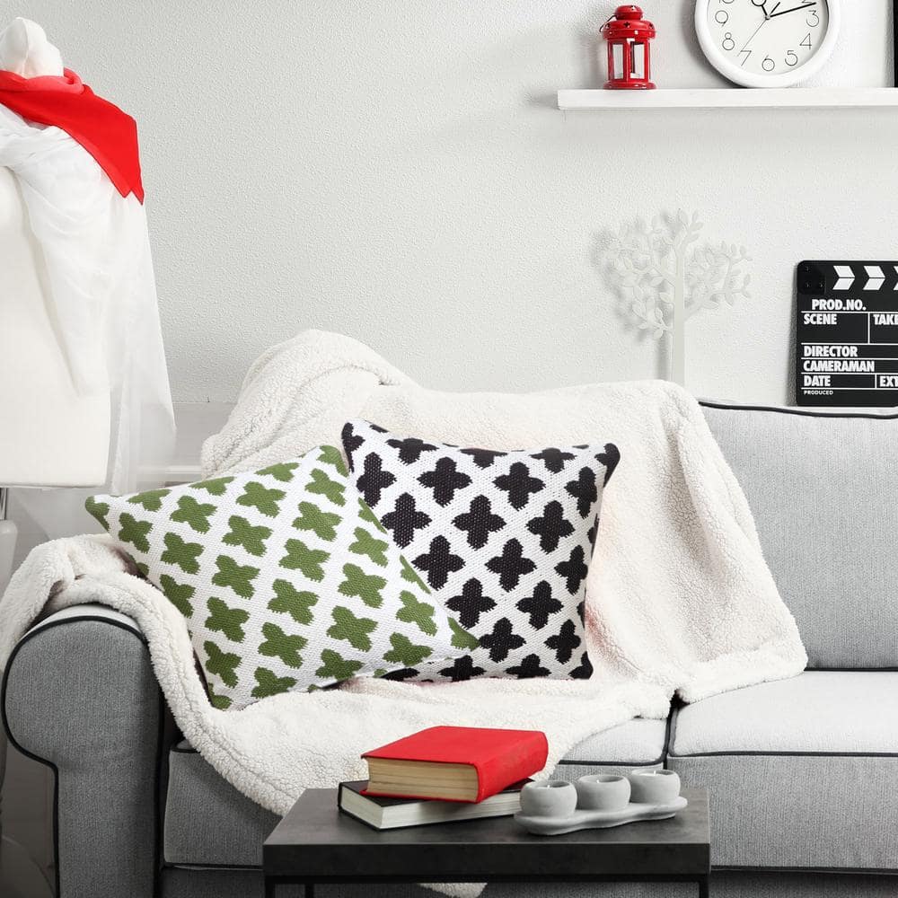 Green and White Woven Geometric Cotton Throw Pillow, 20" Square