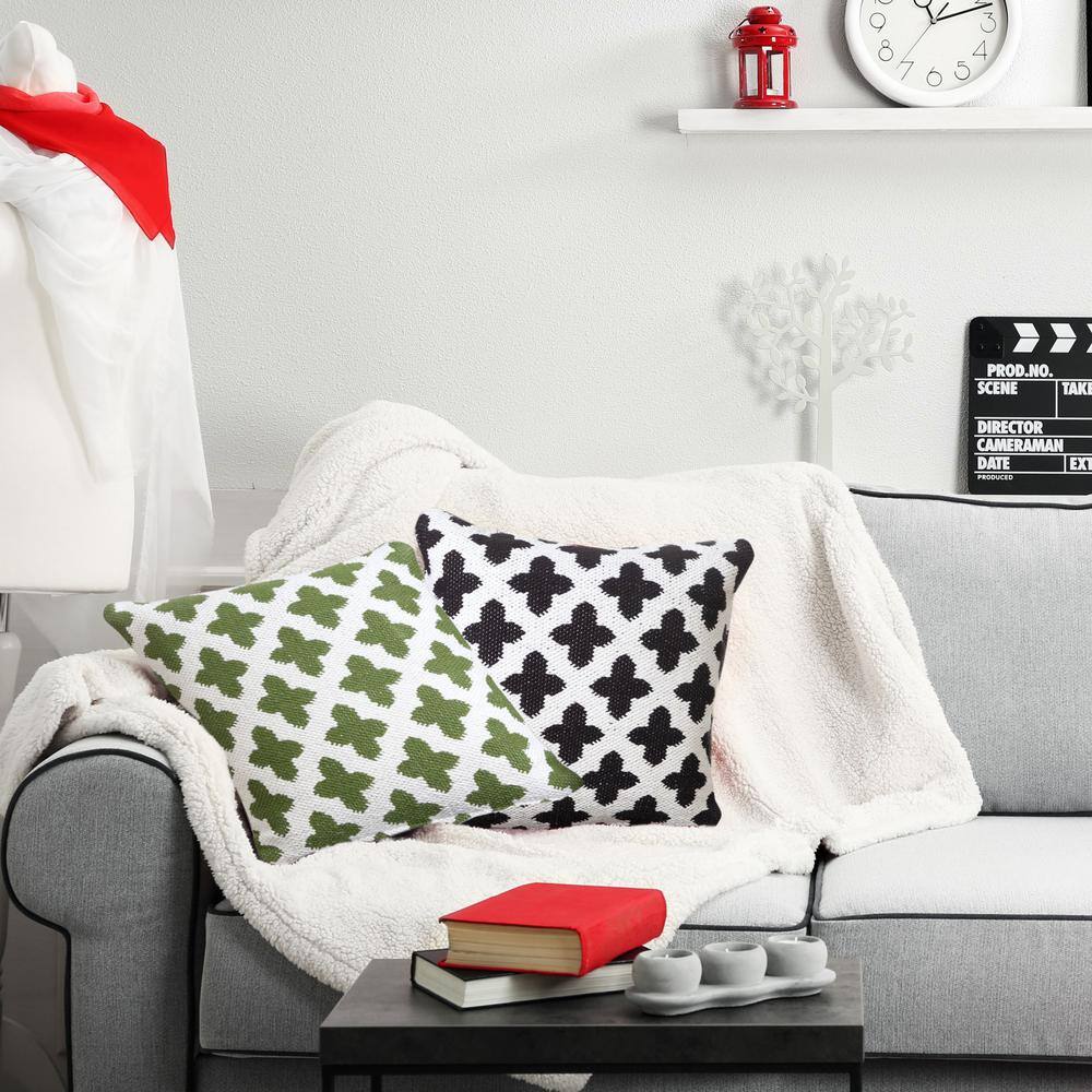 Green and White Woven Geometric Cotton Throw Pillow, 20" Square