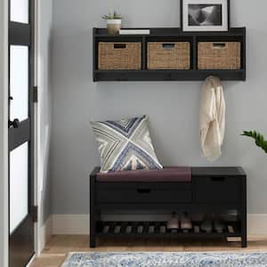9.2 in. H x 40 in. W x 8.7 in. D Black Wood Floating Decorative Cubby Wall Shelf with Hooks and Baskets