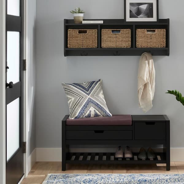 Home Decorators Collection 9.2 in. H x 40 in. W x 8.7 in. D Black Wood Floating Decorative Cubby Wall Shelf with Hooks and Baskets