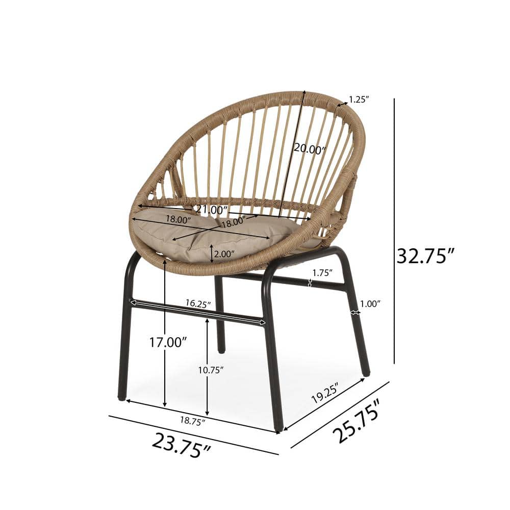 Light Brown and Beige Wicker Outdoor Dining Chairs with Cushions, Set of 2