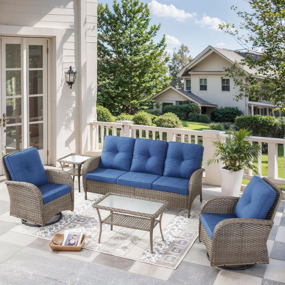 Rotavia Gray 5-Piece Wicker Patio Conversation Set with Swivel Rockers, Outdoor Sofa Seating Set with Blue Cushions price history on PriceWatchPro