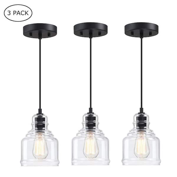 1-Light Matte Black Mini Pendant Light with Clear Glass Shade (3-Pack)