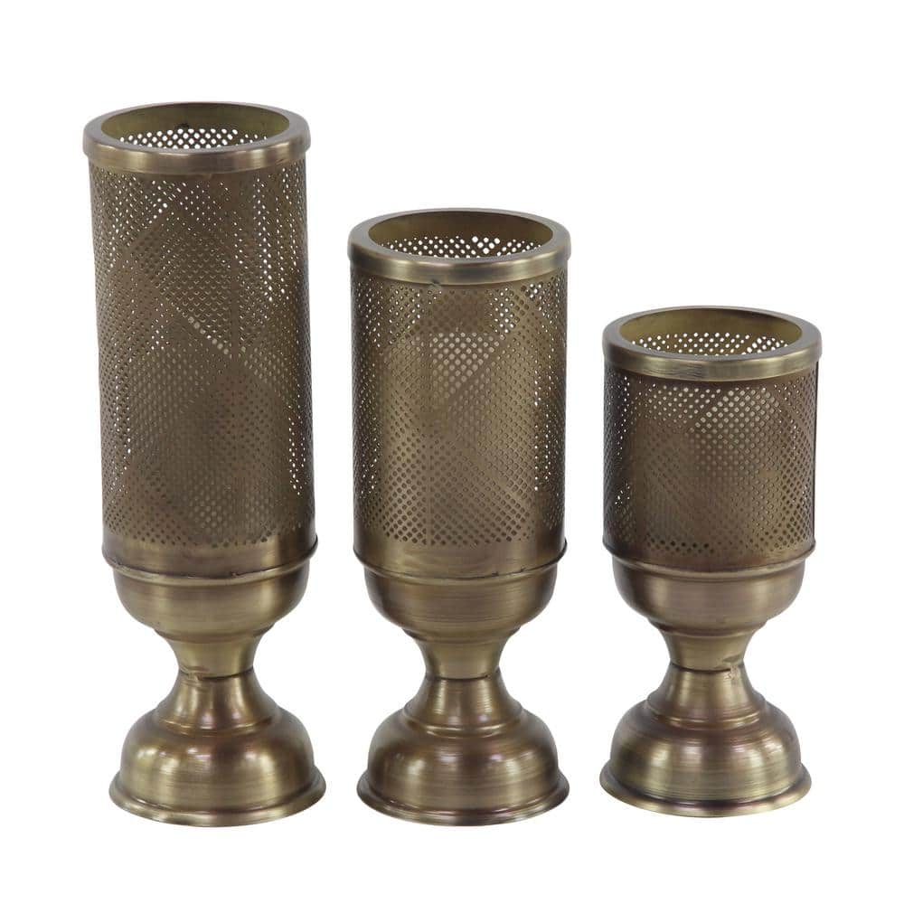 Set of 3 Gold Perforated Iron Chalice Candle Holders