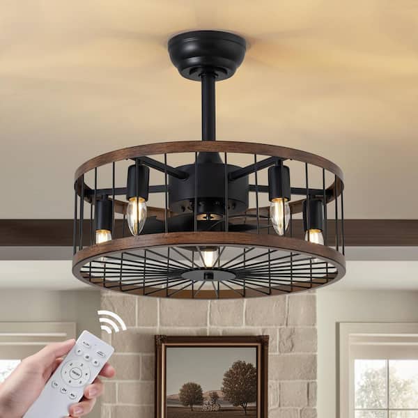 20 in. Indoor Industrial Black Caged Chandelier Ceiling Fan with No Bulb Included with Remote Included