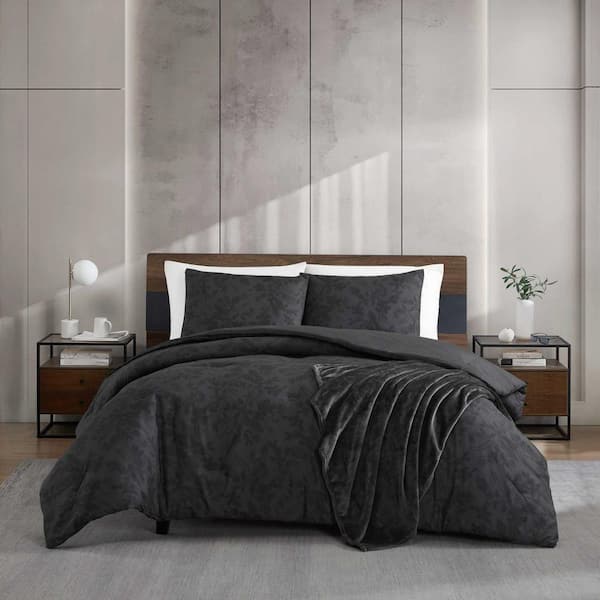 KENNETH COLE REACTION Silhouette Floral 4-Piece Black Microfiber King Bonus Comforter Set