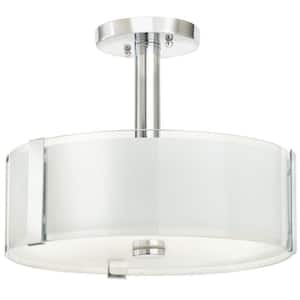 Bourland 14 in. 3-Light Polished Chrome Semi-Flush Mount Ceiling Light Fixture with White and Clear Glass Double Shade
