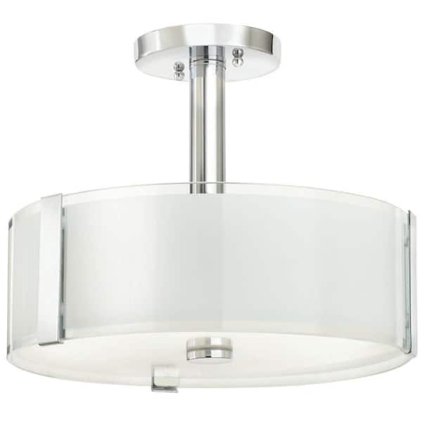 Hampton Bay Bourland 14 in. 3-Light Polished Chrome Semi-Flush Mount Ceiling Light Fixture with White and Clear Glass Double Shade