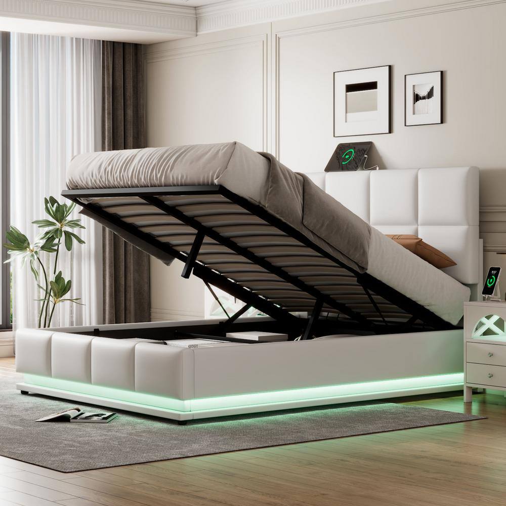 Harper & Bright Designs White Wood Frame Full Size PU Platform Bed with ...