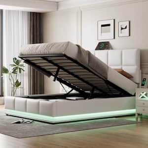 White Wood Frame Full Size PU Platform Bed with Adjustable Headboard, Hydraulic Storage System, LED Lights and USB Port