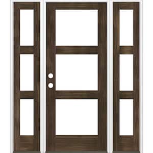 60 in. x 80 in. Modern Hemlock Right-Hand/Inswing 3-Lite Clear Glass Black Stain Wood Prehung Front Door with Sidelites