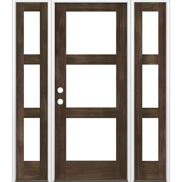 Krosswood Doors 64 in. x 80 in. Modern Hemlock Right-Hand/Inswing 3-Lite Clear Glass Black Stain Wood Prehung Front Door with Sidelites