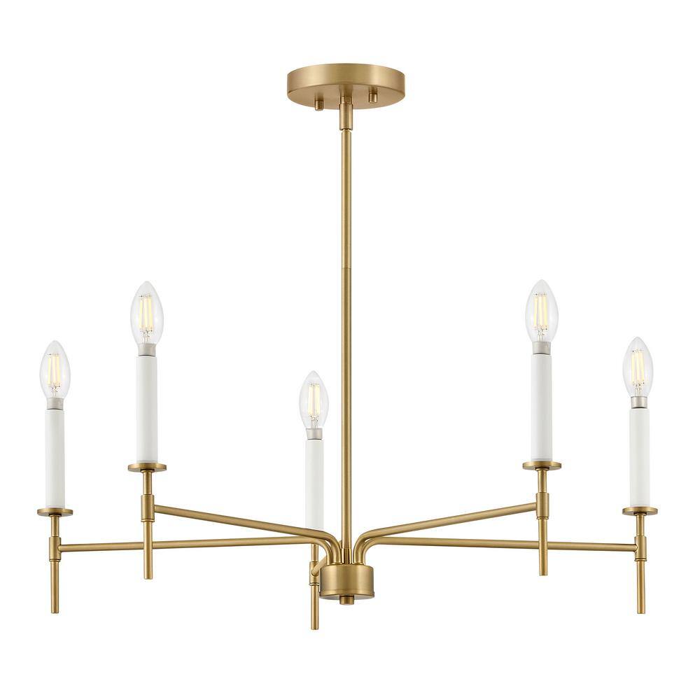 Lacquered Brass and White 5-Light Candle Chandelier