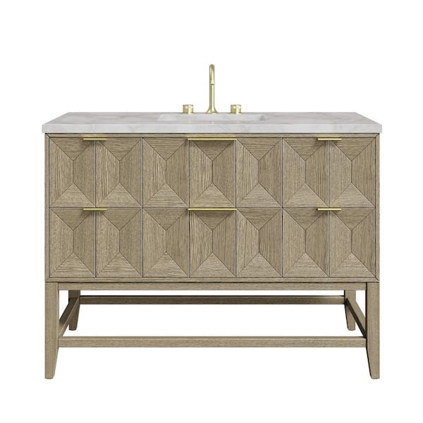 James Martin Vanities Emmeline 48.0 in. W x 23.5 in. D x 36 in. H Single Bathroom Vanity Pebble Oak and Victorian Silver Quartz Top