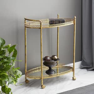 Gold Rolling 2 Mirrored Shelves Bar Cart with Lockable Wheels