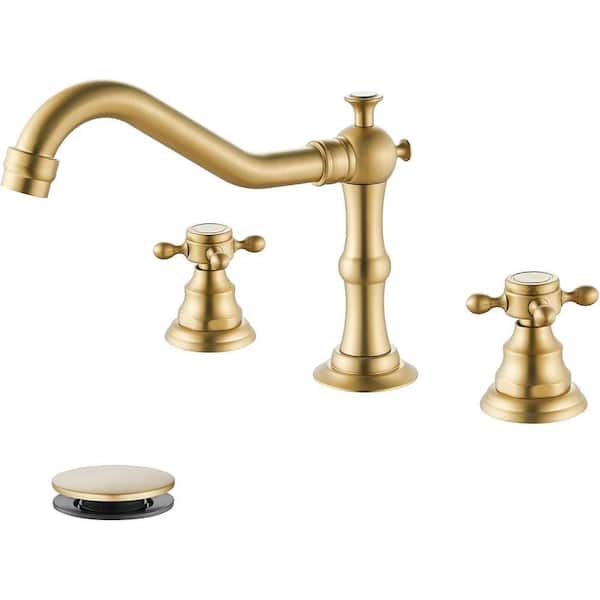 Double Handles Vessel Sink Faucet with Pop-Up Drain in Brushed Gold