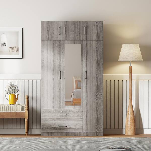 Nestfair 3-Door Gray 41.3 in. Wardrobe with 2-Drawers, Top Cabinet