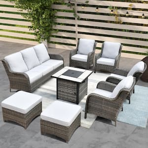 Vincent Gray 8-Piece Wicker Outdoor Patio Fire Pit Seating Sofa Set and with Gray Cushions