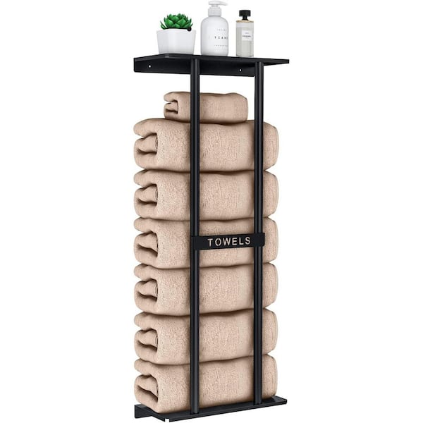 Modern 30 in. Wall Mounted Towel Rack for 6-Large Rolled Towels with Shelf, Super Big Capacity Towel Storage in Black